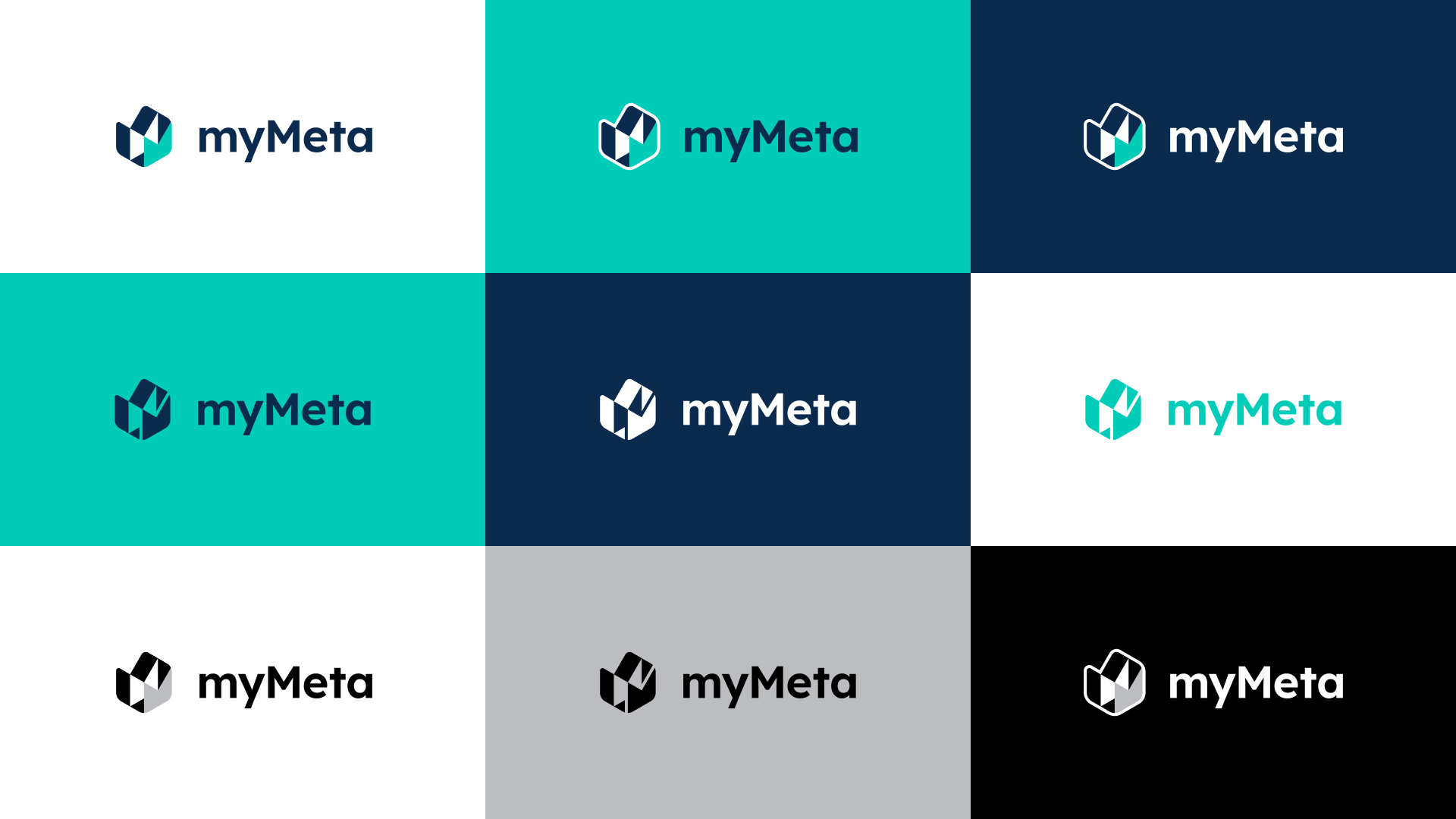 myMeta logo variations Varianti colore del logo myMeta. Bicromatico, monocromatico, bianco e nero, positivo e negrativo.