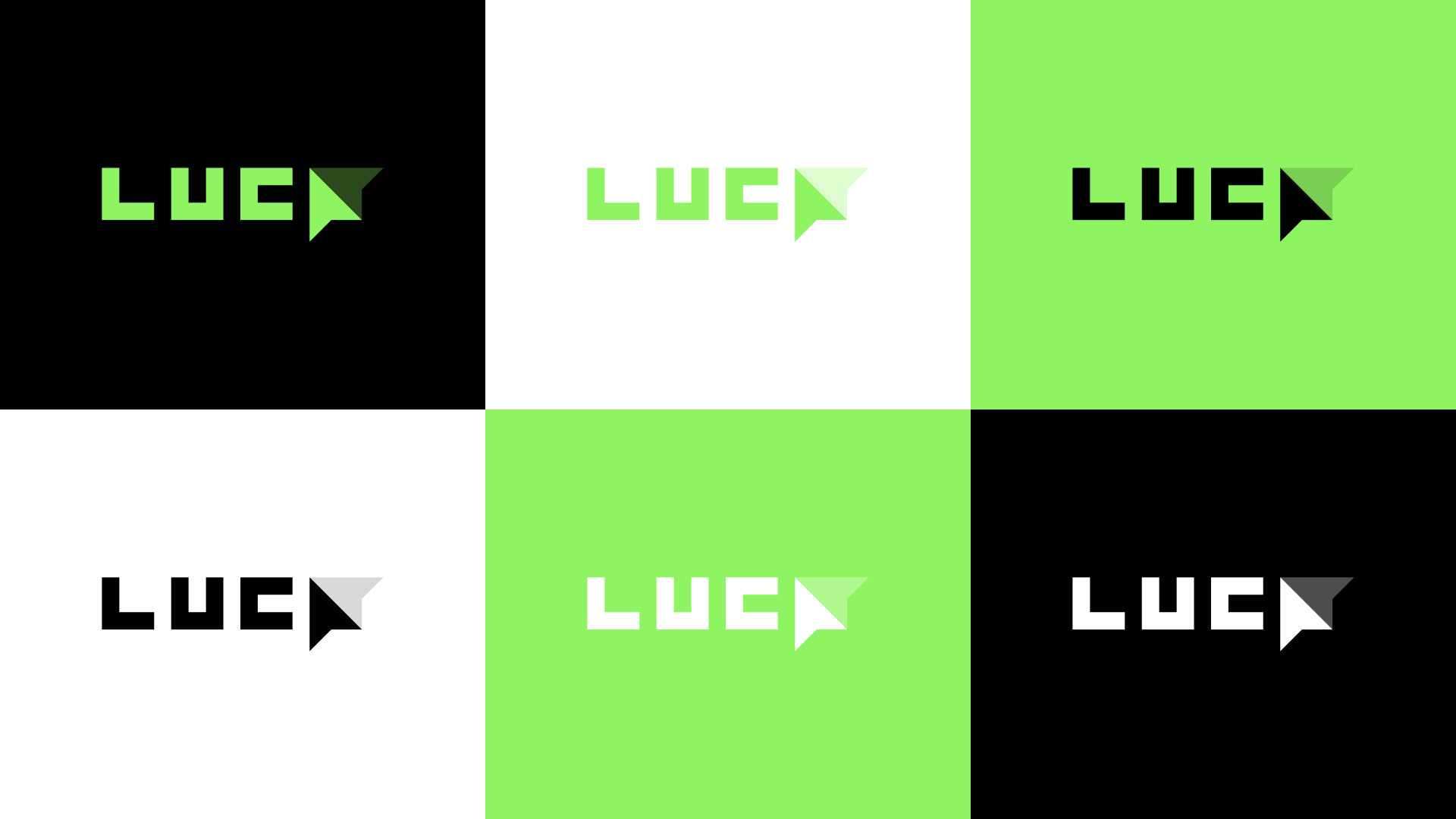 Varianti colore del logotipo LUCA Varianti colore del logotipo LUCA in versione positiva e negativa, presentate in una griglia per mostrare leggibilità, coerenza e versatilità del sistema di brand; esempio del lavoro di Luca Trevisan, Brand & Product Designer specializzato in identità visive professionali