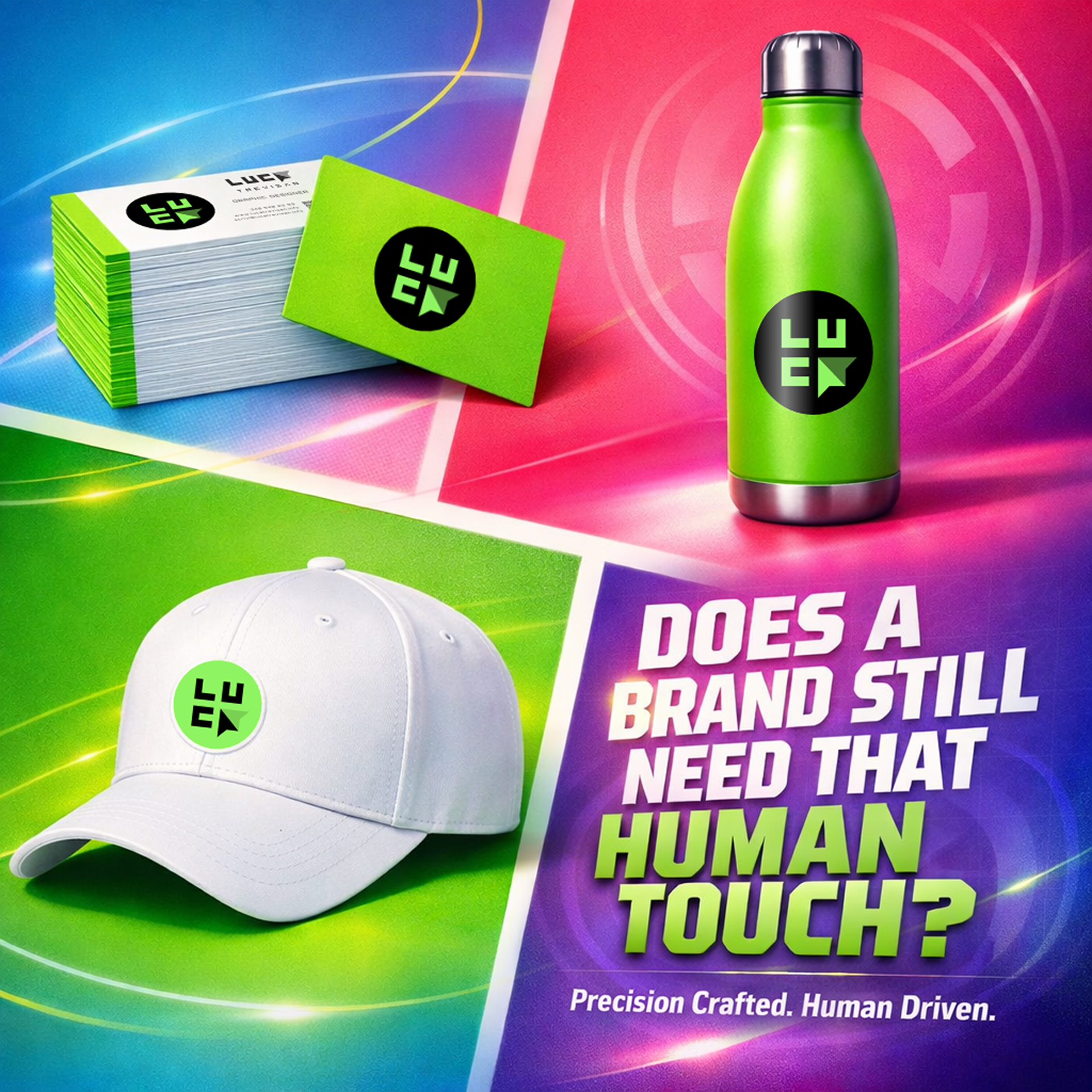 Applicazioni del brand LUCA su prodotti reali – Mockup di merchandising professionale Applicazioni del simbolo del brand LUCA applicato su materiali diversi — biglietti da visita, borraccia e cappellino — a dimostrazione della versatilità del sistema di brand; esempio del lavoro di Luca Trevisan, Brand & Product Designer specializzato in identità visive professionali e applicazioni coerenti del logo su prodotti e merchandising.
