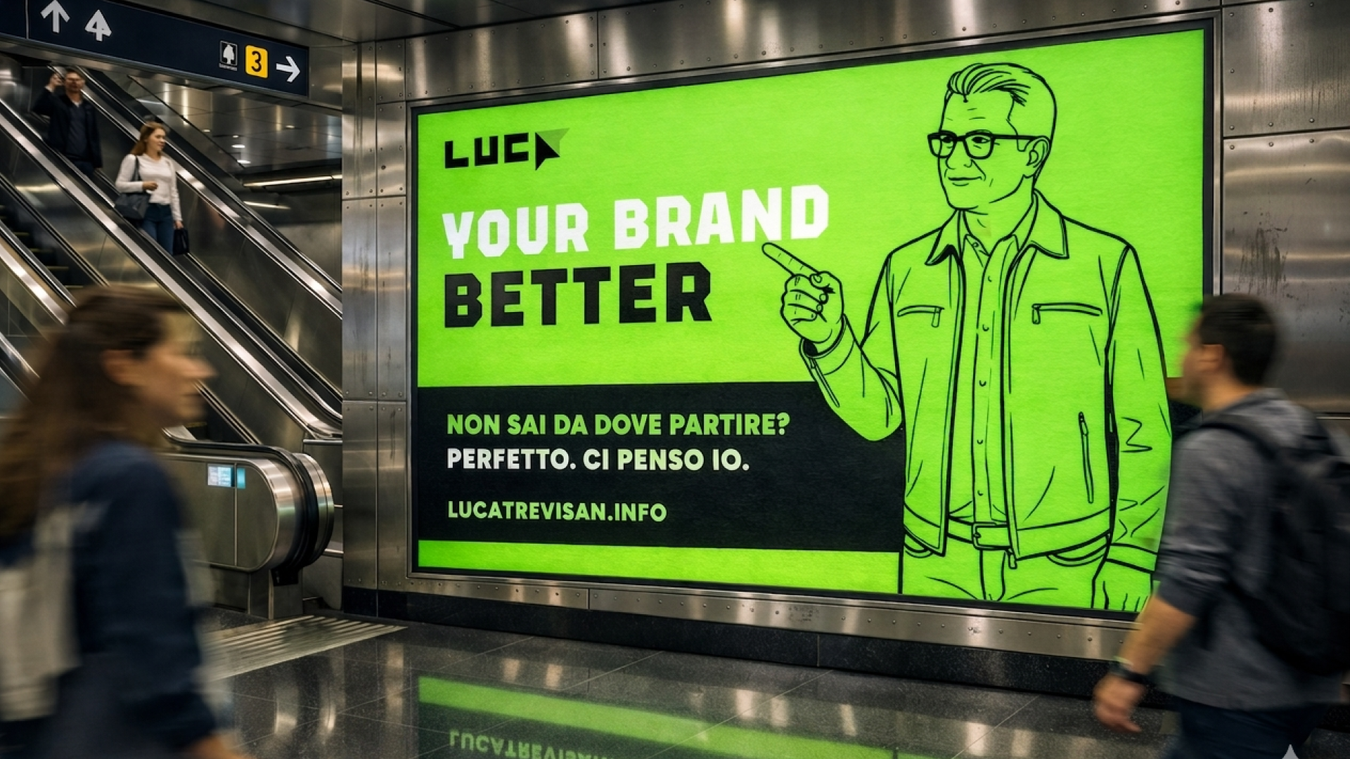 Comunicazione del brand LUCA – Font, colori e tono di voce coordinati. Esempio di comunicazione del brand LUCA in contesto urbano, con uso coordinato di font, colori e logotipo per esprimere un tono di voce diretto e professionale; dimostrazione della capacità di Luca Trevisan di progettare identità visive coerenti e applicabili a campagne reali.