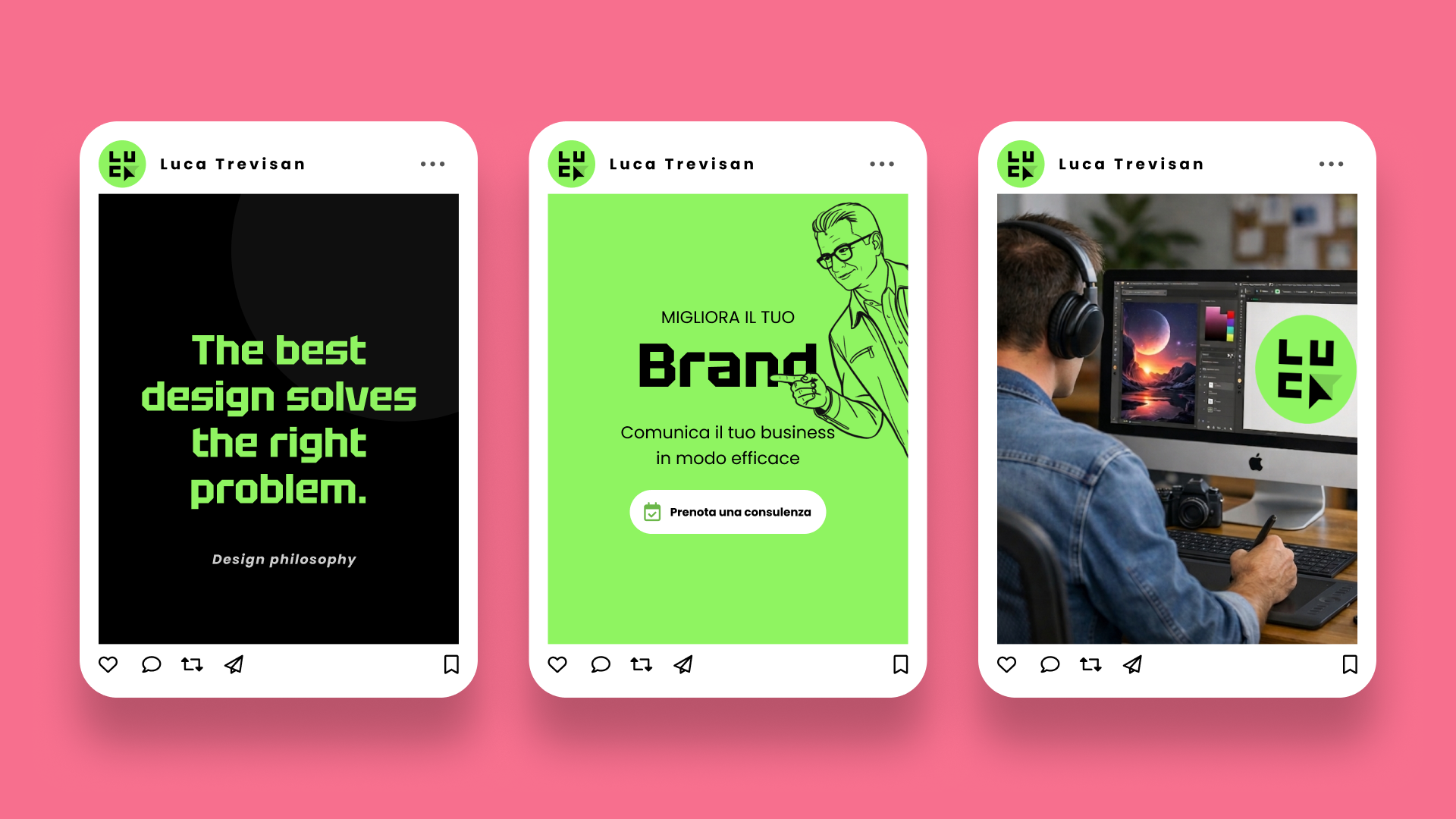 Esempi di comunicazione del brand LUCA Esempi di comunicazione social del brand LUCA che mostrano l’uso coordinato di font, colori, logotipo e illustrazioni per definire un tono di voce diretto e professionale; dimostrazione della capacità di Luca Trevisan di progettare identità visive coerenti e contenuti digitali efficaci.